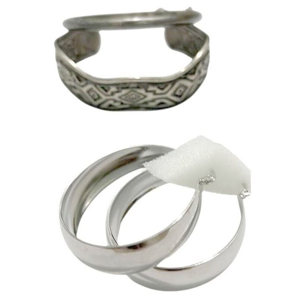 Silver Tone Jewelry Lot Southwestern Etched Cuff Wide Hoop Earrings Bangle Set
